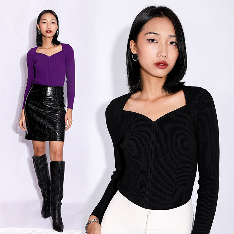 brand by mei【包容针织系列】紫色黑色弹力修身方领针织衫上衣