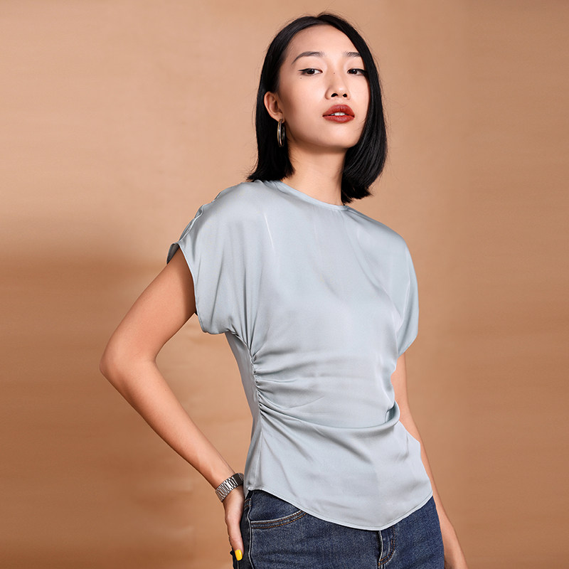 sensebymei【18mm真丝】雾霾蓝小圆领抽褶衬衫上衣top