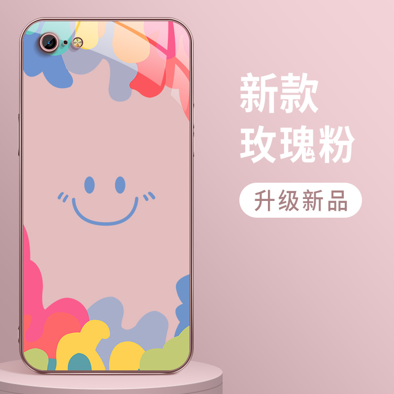 适用苹果6手机壳新款女士iPhone6splus玻璃简约笑脸IP6plus保护套平果6s带镜头防摔高级感硅胶硬壳散热外壳