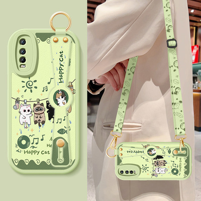 适用iqoou5x手机壳iQOOu5e新款女士vivoiqoou3x卡通小猫腕带支架挂绳iqoou3小羊皮保护套iqoou1硅胶软后外壳