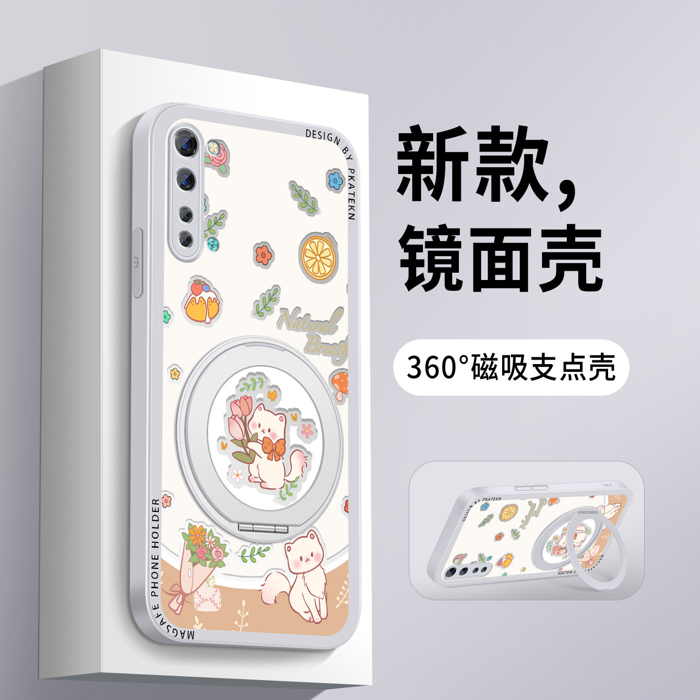 适用opporeno3手机壳可爱猫咪reno3元气版镜面reno2z支架reno10倍变焦版reno2女生新款保护套防摔硅胶硬外壳