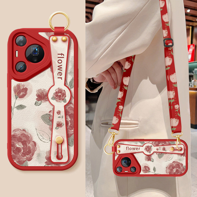 适用华为Pura80手机壳pura80pro+新款女p80ultra红色玫瑰腕带支架挂绳小羊皮保护套P8O硅胶软p80por防摔外壳