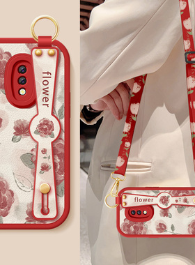 适用真我x7手机壳realmext新款女士x2红色玫瑰腕腕带支架挂绳x7pro小羊皮保护套真我X全包防摔OPPO硅胶软外壳