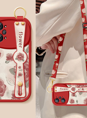 适用oppok10手机壳k10x新款女k10pro红色玫瑰腕带支架挂绳k10活力版小羊皮OPPO保护套全包防摔硅胶软k10外壳
