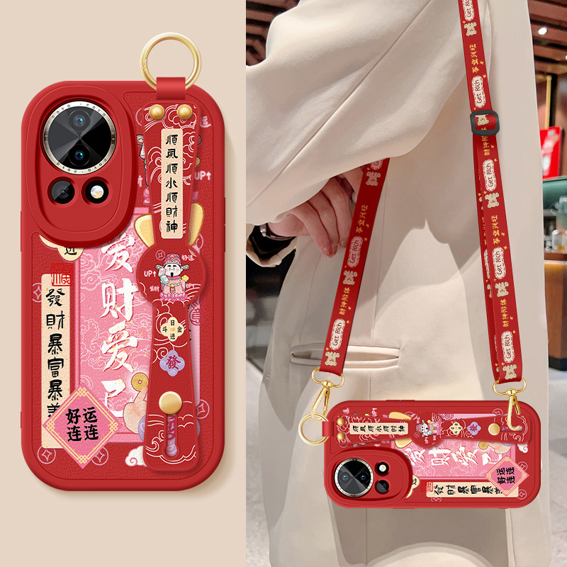 适用华为nova13手机壳nova13pro新款女士爱财爱己背带斜跨腕带挂绳小羊皮保护套防摔软壳PSD-AL00简约后外壳