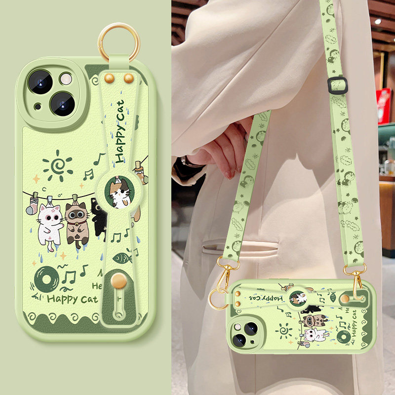 适用苹果13手机壳iphone13pro新款女士IP13mini卡通小猫腕带挂绳ip12promax小羊皮11pro防摔ip12保护套硅胶