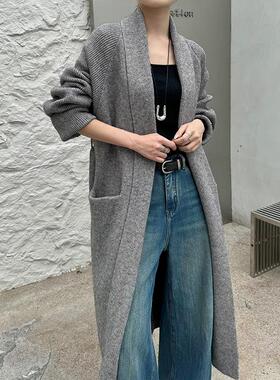 KRM新款气质长款宽松慵懒风毛收腰绑带时尚针织毛衣外套女秋冬