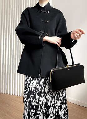 KRM2024秋冬中国风复古盘扣双面羊绒大衣修身气质黑色毛呢外套