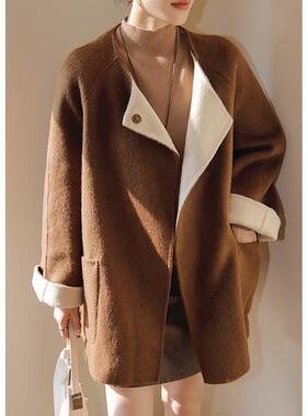 KRM2024秋冬新款茧型撞色高级感短款双面呢大衣