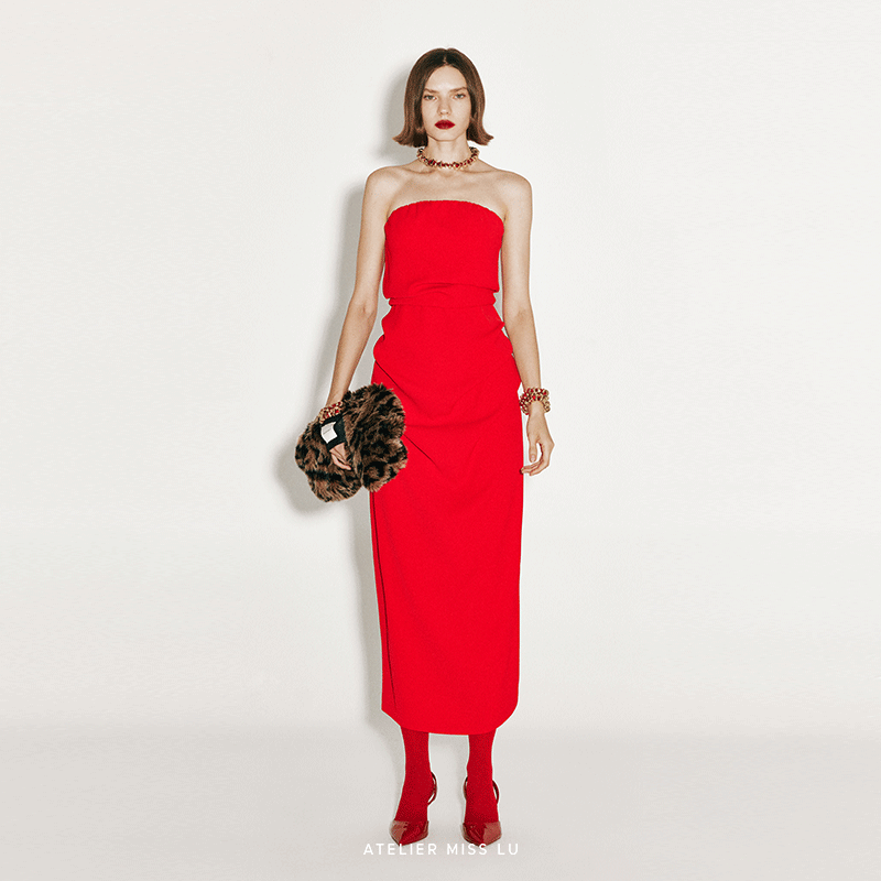 不规则褶皱设计抹胸连衣裙