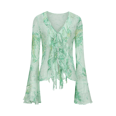 印花桑蚕丝荷叶边阔袖上衣