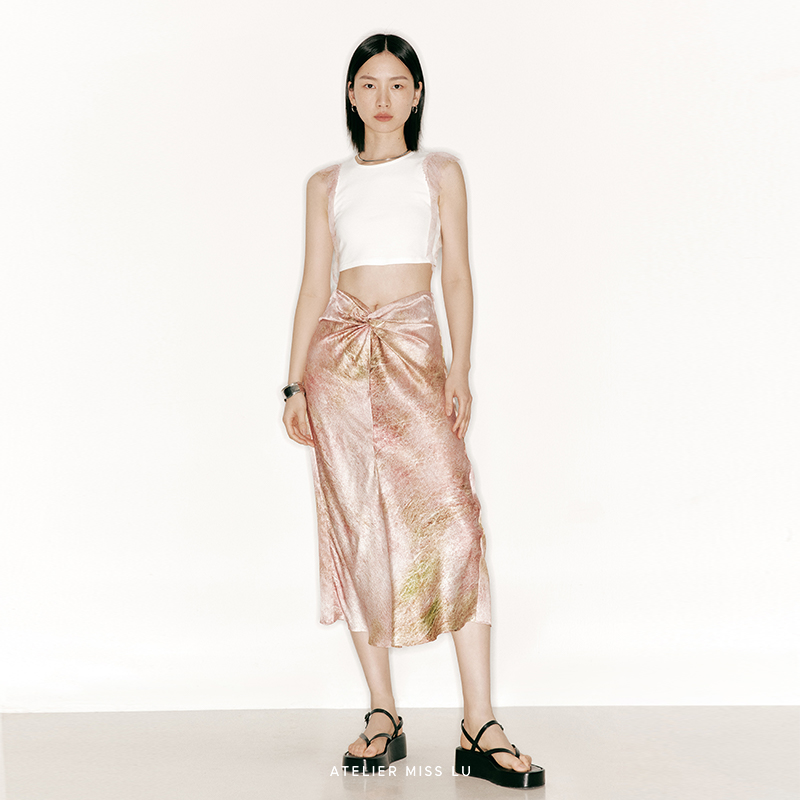 印花腰部纽结桑蚕丝立裁半裙