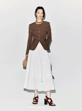 AtelierMissLu【香榭丽落叶】2026春夏金属几何扣圆领西装外套