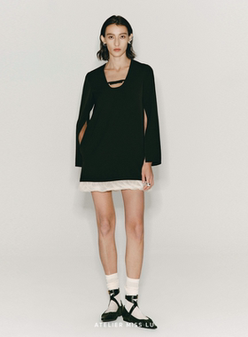 AtelierMissLu【梦境之翼】正品24春夏开衩飘袖柔纱拼接A字连衣裙