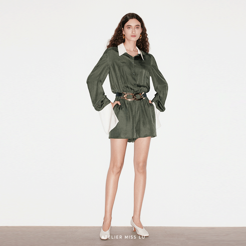 衬衫式设计收腰醋酸连体裤