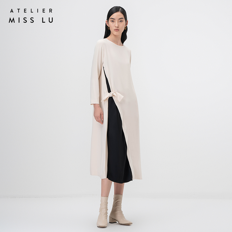AtelierMissLu设计师品牌米白拼缝设计系带长袖连衣裙