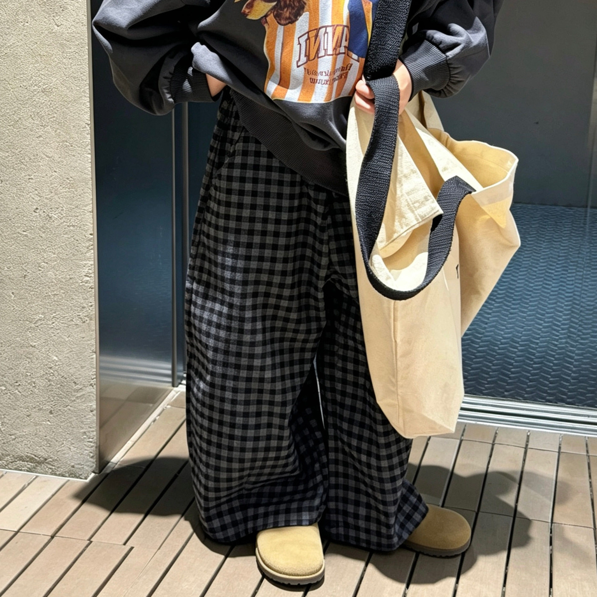 秋季男童慵懒磨毛格子阔腿长裤