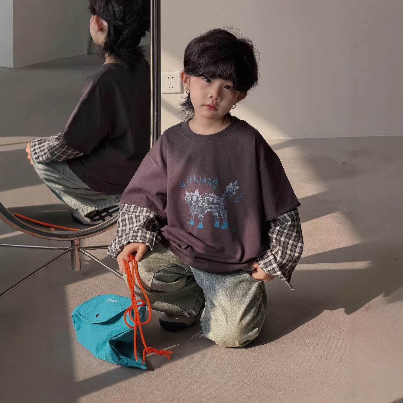 秋季新款男童假两件衬衫袖卫衣