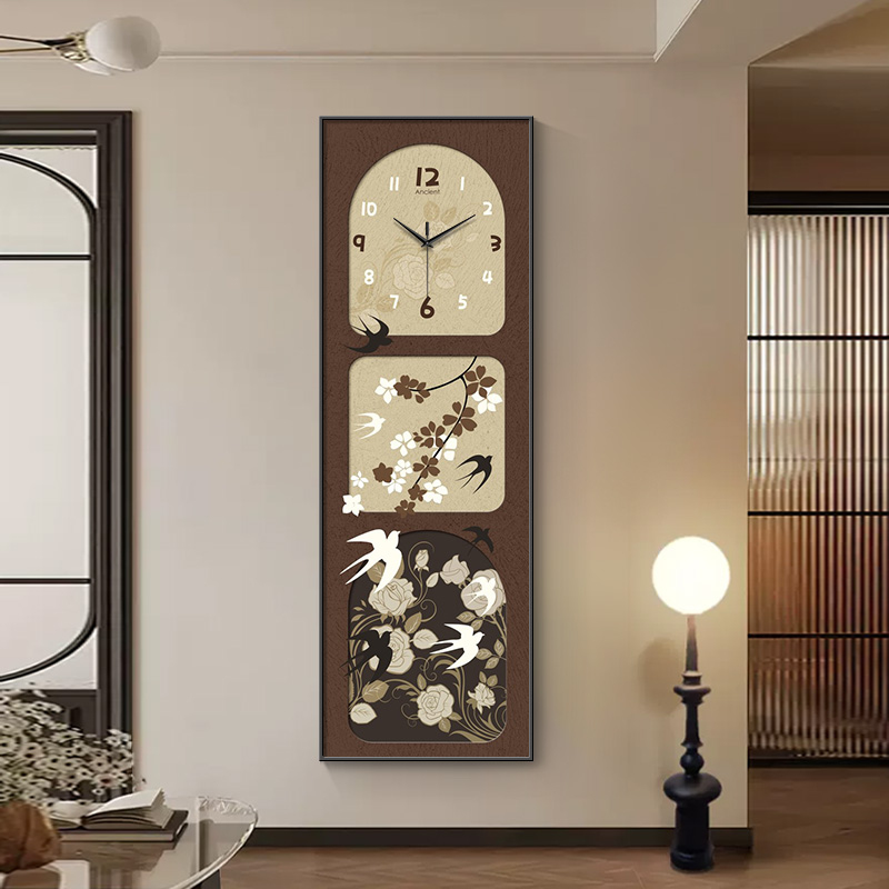 中古风花鸟玄关装饰画带钟表2025新款法式美拉德复古创意时钟挂墙图片
