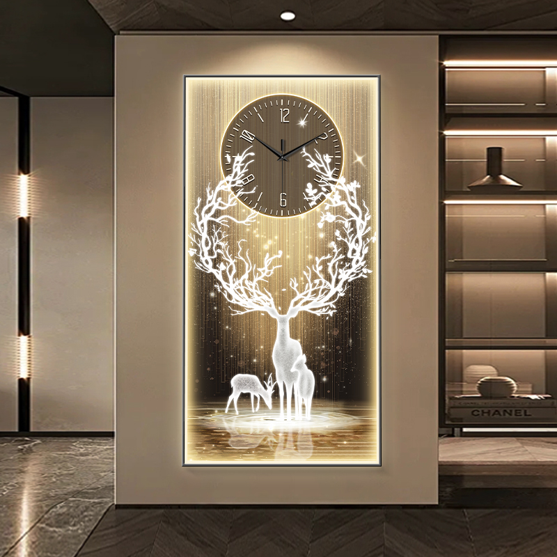福鹿临门入户对门玄关装饰画带钟表走廊过道壁画创意时钟发光挂画图片