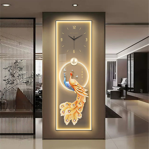 富贵孔雀玄关装饰画钟表挂钟现代轻奢窄长条客厅过道创意时钟壁灯