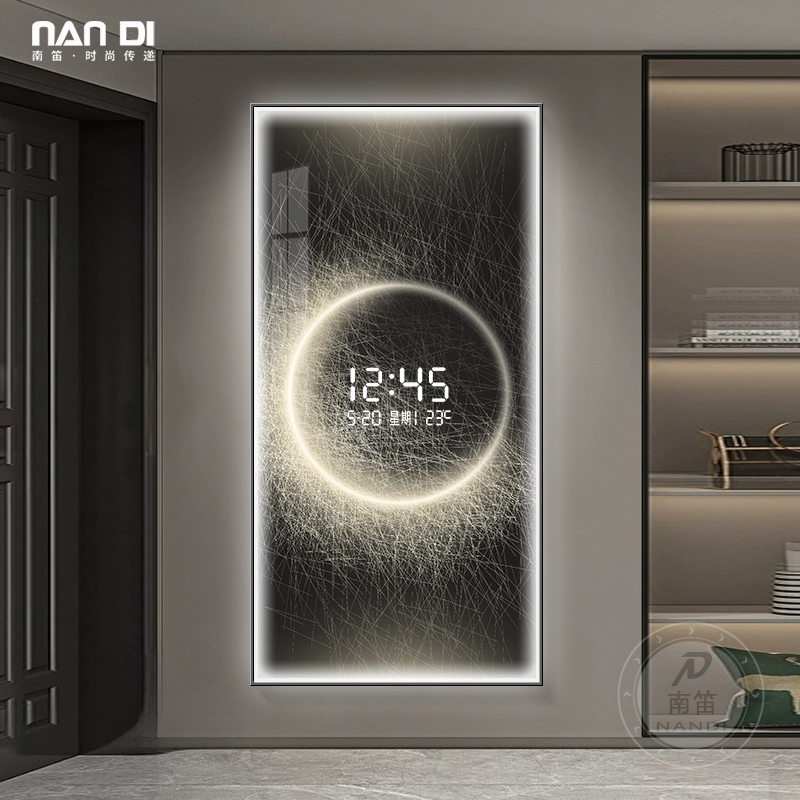 极简抽象玄关装饰画带钟表LED电子屏时钟餐厅壁画高级感客厅挂画