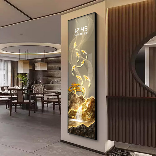 新中式玄关装饰画 画九鱼图电子时钟挂墙细长条钟表挂钟客厅2025