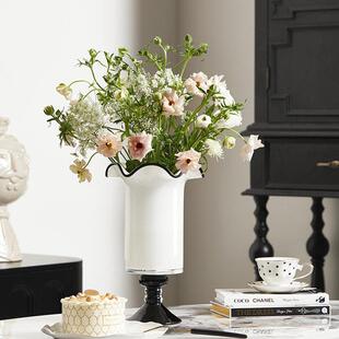 法式中古高脚杯玻璃花瓶黑白样板间客厅餐桌大口径水养鲜花插花器