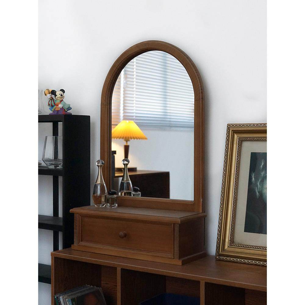 复古化妆镜实木收纳盒新中式桌面台式主卧室化妆品首饰梳妆台镜子