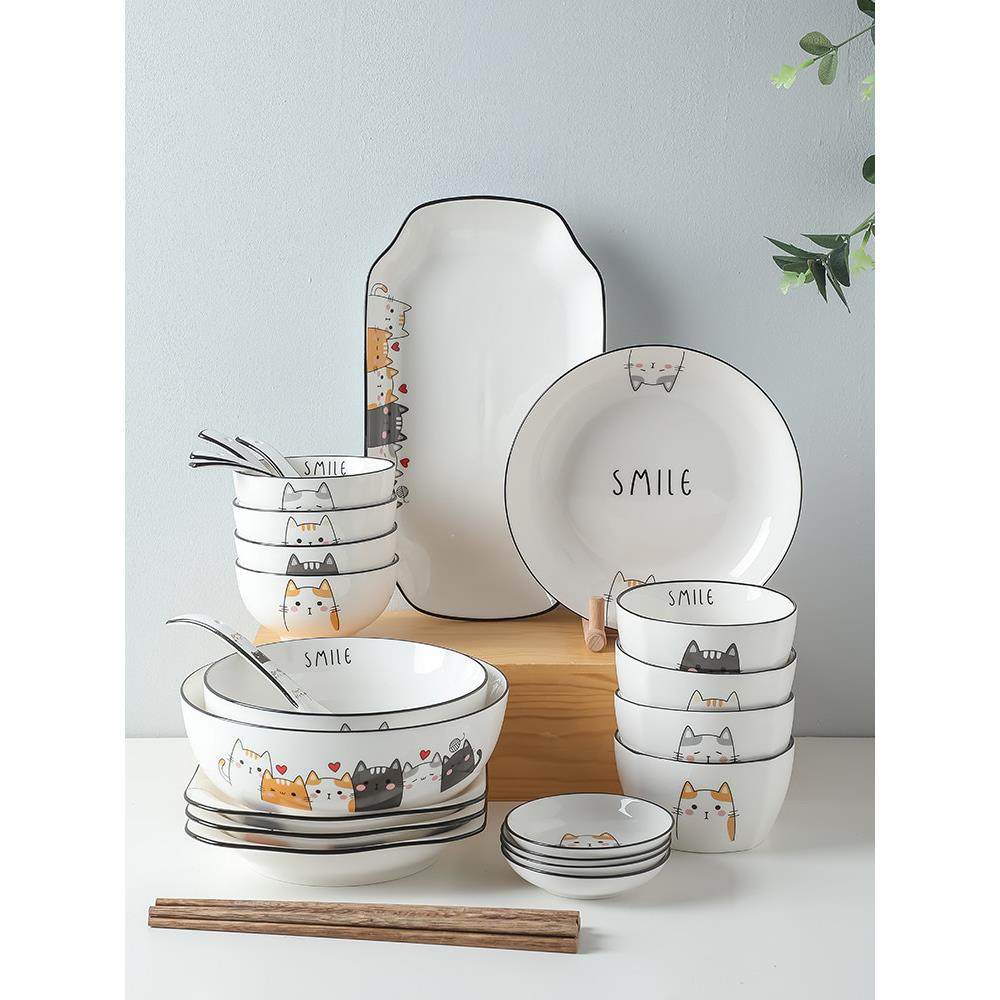 碗碟套装家用简约现代卡通陶瓷碗盘4-10人饭碗菜盘子组合餐具碗筷,餐饮具,碗,淘宝优惠券,粉丝福利购,淘宝优惠卷