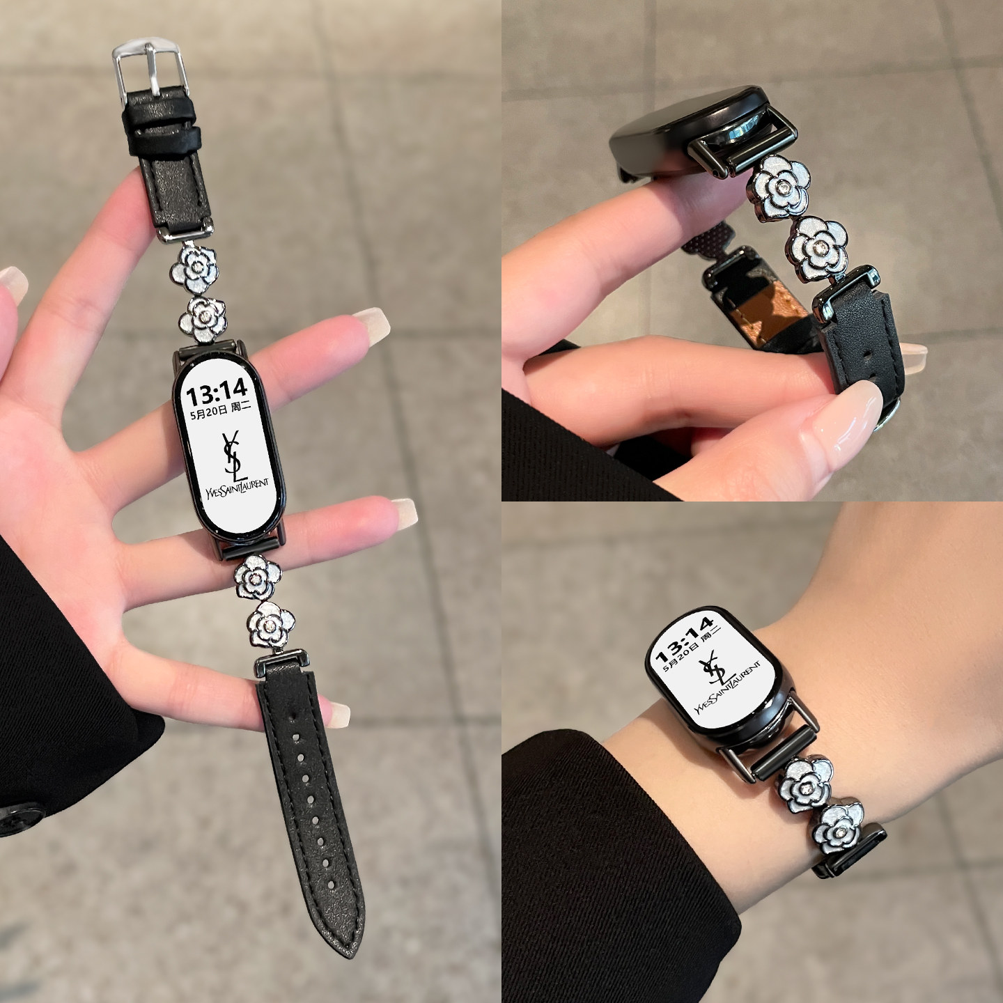 适用小米手环山茶花拼接皮质表带