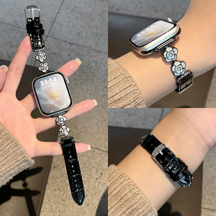 9pro时尚 4表带秋冬高级感鎏金山茶花皮质拼接腕带Redmi6代智能运动8 小众女生替换带配件 适用红米watch6