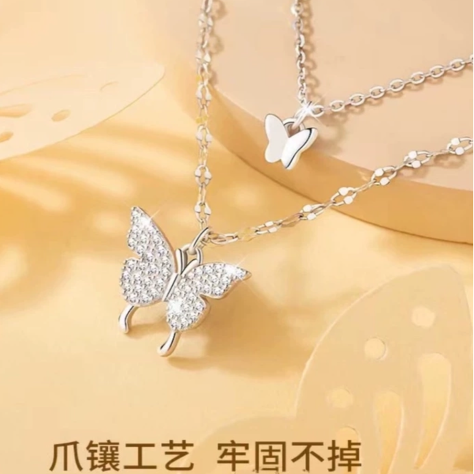 999纯银项链女不掉色双层蝴蝶颈链2023年新款爆款轻奢高级锁骨链