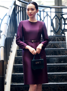 皮尔卡丹女26春新款紫色圆领长袖假两件醋酸连衣裙P51008E5026Z0