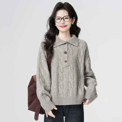 复古翻领麻花毛衣女2026