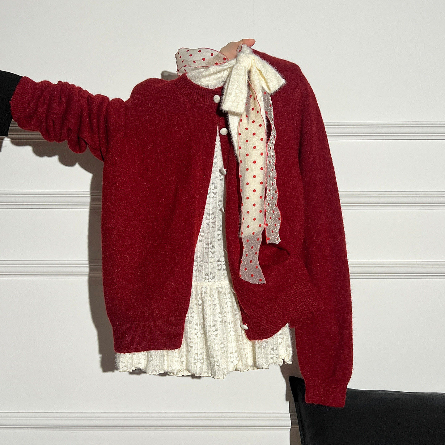 红色新年穿搭针织开衫加厚毛衣外套叠穿冬季长袖上衣女款两件套装