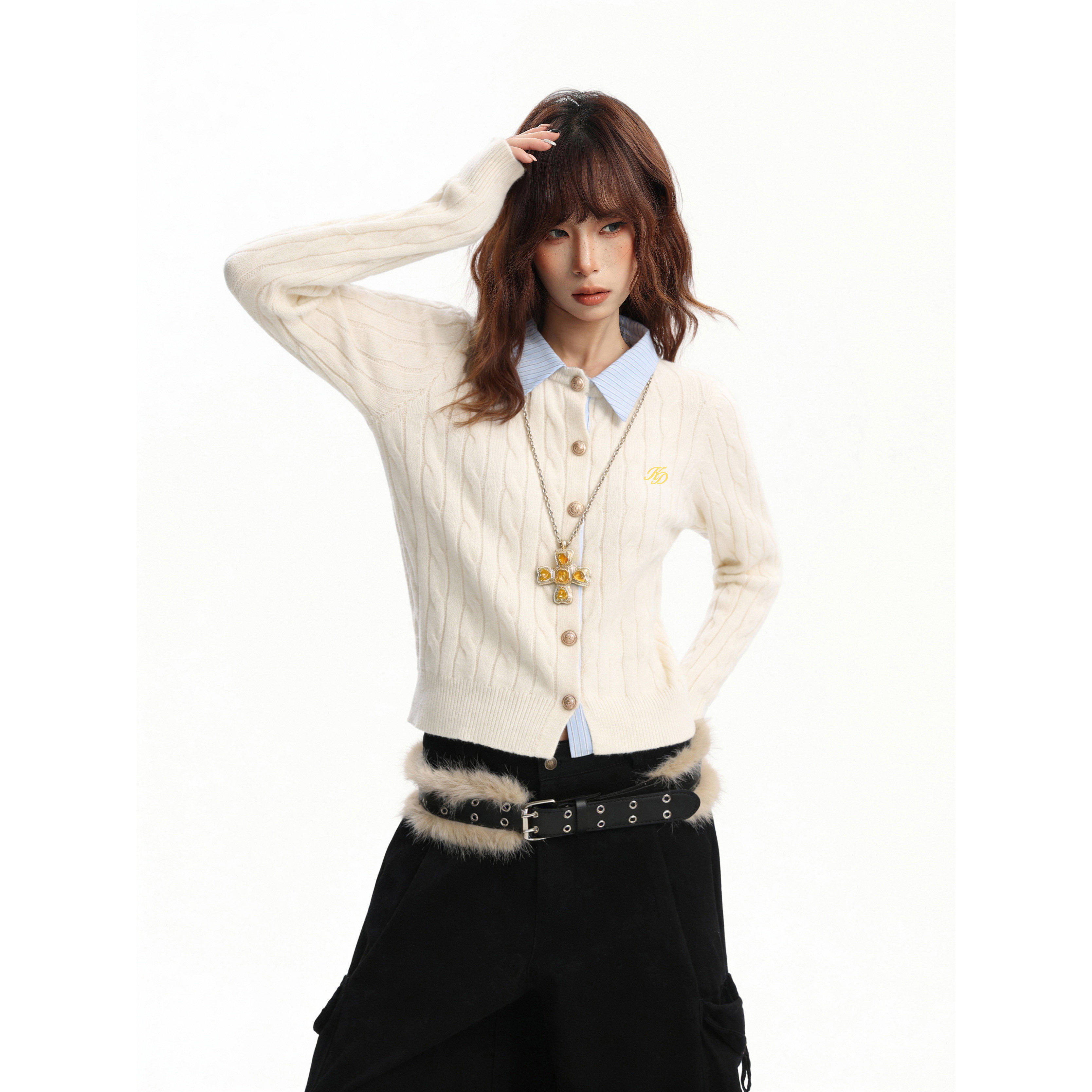 美式白色麻花polo领假两件长袖针织开衫女秋冬季修身短款毛衣上衣