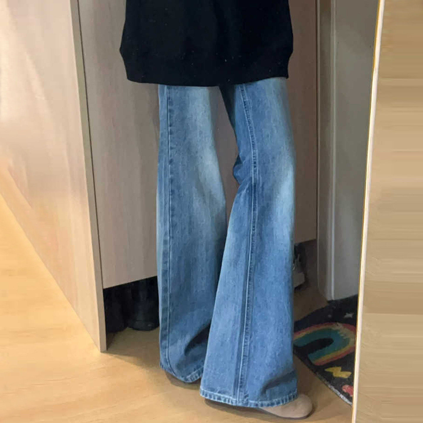 加绒加厚复古蓝微喇牛仔裤女秋冬季新款小个子高腰显瘦阔腿喇叭裤