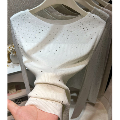 亮闪闪烫钻一字领针织衫