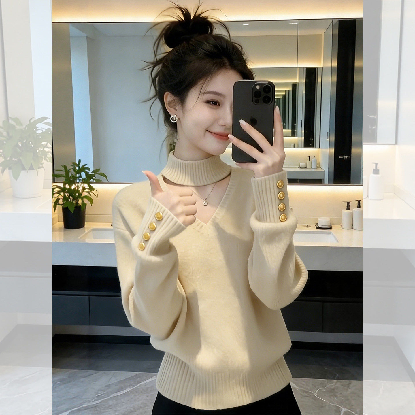 杏色挂脖V领内搭打底可外穿针织衫女2026春季绝美漂亮氛围感上衣