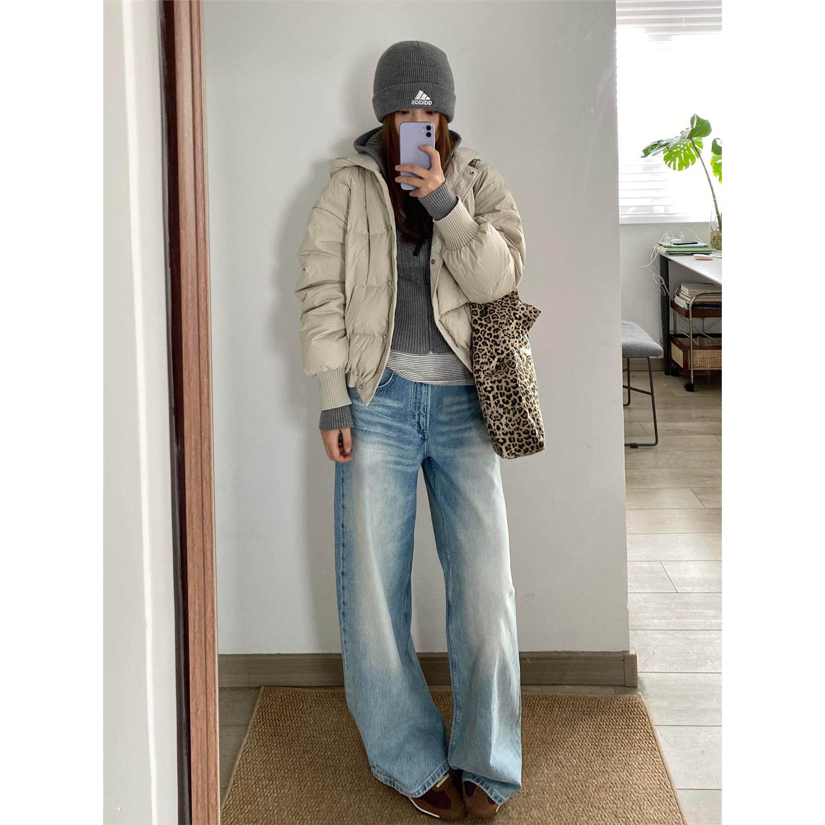 美式覆古水洗阔腿牛仔裤女2025年秋冬新款宽松显瘦微喇拖地长裤子