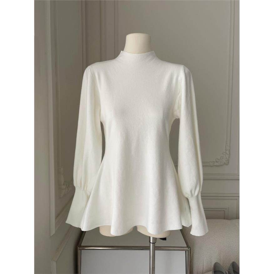 大码女装白色半高领内搭灯笼袖针织衫毛衣秋季胖mm掐腰打底衫上衣