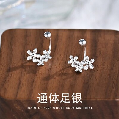 S999纯银花朵耳环女百搭耳钉螺丝款简约轻奢防过敏气质养耳洞高级