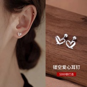 S999纯银新款 爱心耳钉小众设计耳骨钉拧螺丝耳环睡觉免摘防过敏女