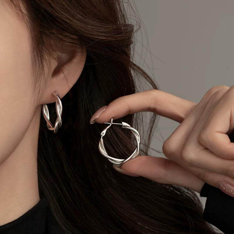 S925纯银麻花耳环气质百搭简约耳扣新款轻奢高级感耳饰小众设计感