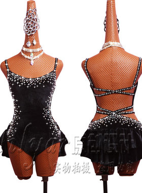 拉丁舞演出服表演服萨萨舞钢管舞SALSA连体衣黑色高开叉性感绑带