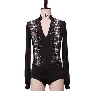 拉丁舞服男士上衣衬衫T恤比赛服演出服黑色V领长袖水钻伦巴闪亮款