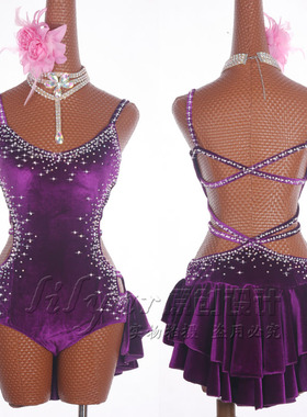拉丁舞演出服salsa表演服女连体衣新款成人紫色弹力丝绒紫色吊带