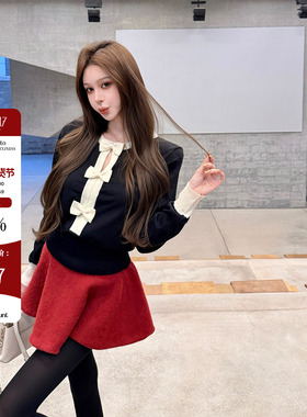 Hello17 【甜心软酪】蝴蝶结针织毛衣女复古气质撞色针织上衣