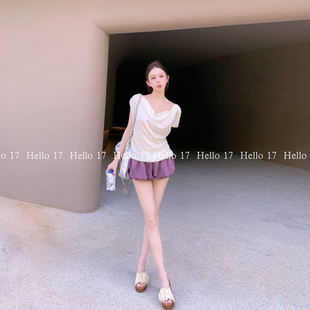 17「舒適節(jié)奏」純欲緞面醋酸花苞短褲 Hello 女純色顯腿長